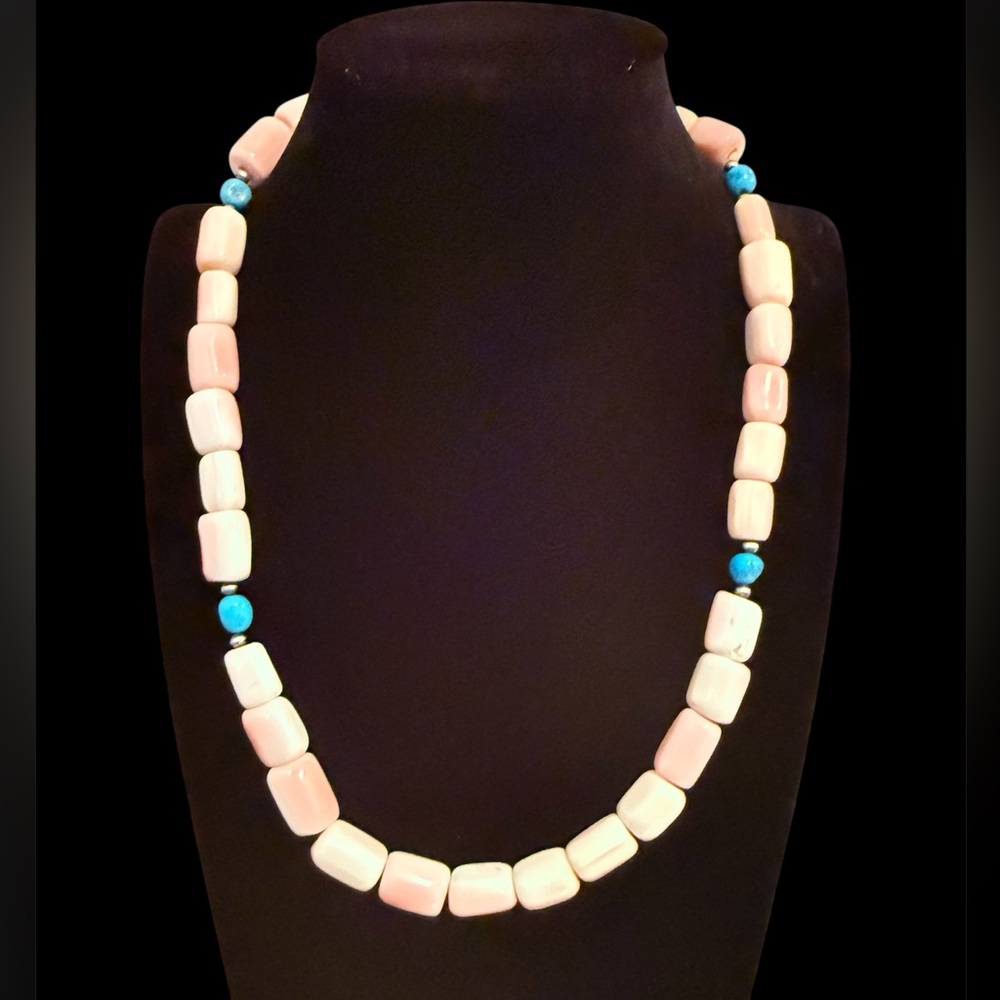 NATIVE MADE PINK CONCH TURQUOISE AND NAVAJO PEARL NECKLACE 18” SS925